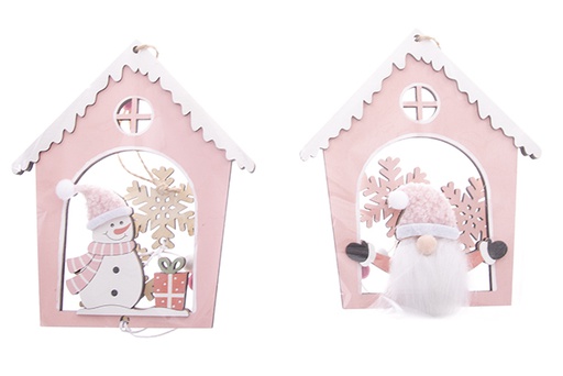 [122224] Maison en bois rose suspendue pour décoration de Noël 15 cm