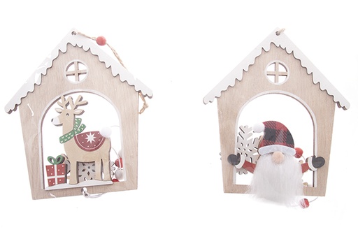 [122225] Pendentif maison en bois naturel pour décoration de Noël 15 cm