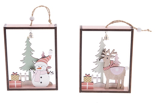 [122244] Colgante figura en cuadro madera para decoración Navidad 13 cm