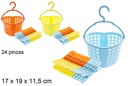 Heart-shaped plastic basket with 24 assorted-color clips