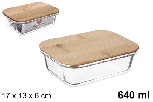 [122509] Boîte à lunch rectangulaire en borosilicate avec couvercle hermétique en bambou 640 ml