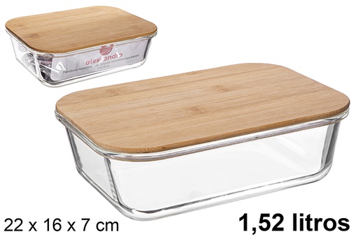 [122511] Porta pranzo rettangolare in borosilicato con coperchio ermetico in bambù 1,52 litri