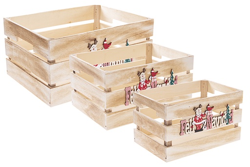[122552] Pack 3 boîtes en bois naturel décorées Feliz Navidad 32x24,5x16 cm
