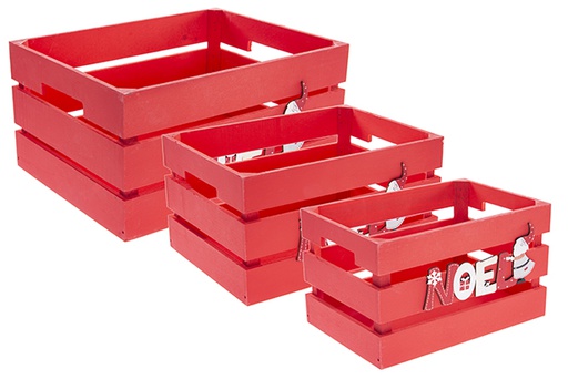[122556] Pack 3 boîtes en bois rouges décorées Noel 32x24,5x16 cm