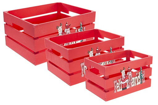 [122646] Pack 3 caisses en bois rouge décorées Feliz Navidad 32x24,5x16 cm