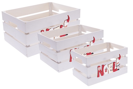 [122654] Pack 3 caisses en bois blanc à décor Noel 32x24,5x16 cm