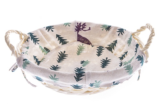 [122731] Panier rond en osier naturel avec tissu de Noël 33 cm
