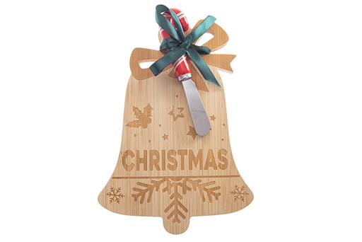 [122748] Tabla bambú campana Navidad con cuchillo mantequilla 22x15 cm