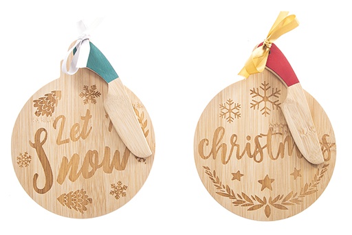 [122750] Tabla de bambú redonda decorada Navidad con cuchillo mantequilla 17x14 cm