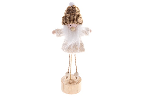 [122761] Figurine de Noël avec barbe en costume beige sur socle en bois 21 cm