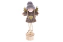 Figura de anjo de Natal em fato castanho sobre base de madeira 21 cm