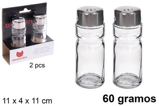 [122988] Pack 2 salières en verre avec couvercles en métal 60 grammes