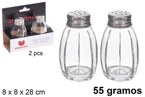 [122989] Pack 2 salières en verre tonneau couvercle acier 55 grammes