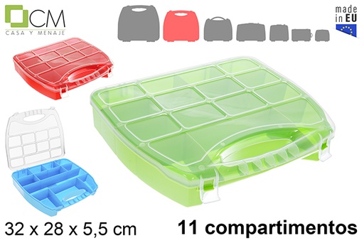 [122992] Boîte de rangement en plastique 11 compartiments couleurs assorties 32x28x5,5 cm