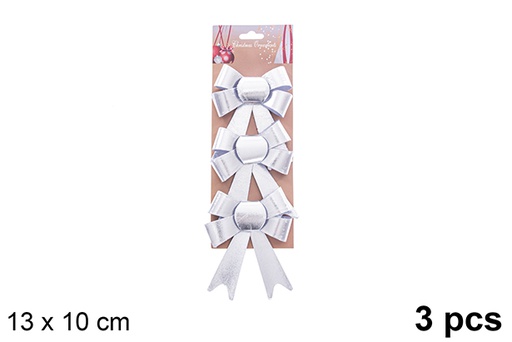[123054] Pack 3 nœuds de Noël argentés de luxe 13x10cm