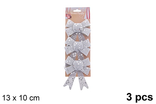[123066] Pack 3 silver Christmas bow decorated glitter 13x10cm