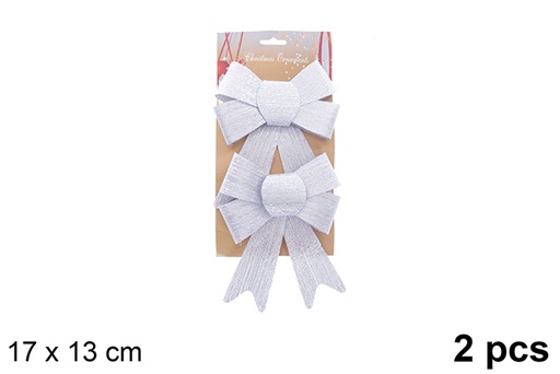 [123069] Pack 2 noeuds de Noël argentés effet pailleté 17x13cm
