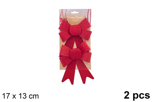[123070] Pack 2 noeuds de Noël rouges effet pailleté 17x13cm