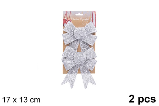 [123115] Pack 2 shiny silver Christmas bows 17x13cm