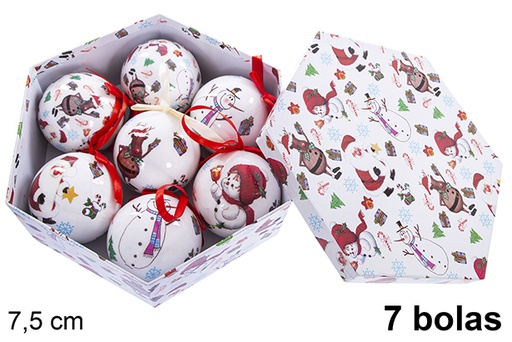 [123194] Caja 7 bolas de Navidad blanca decorada 7.5 cm
