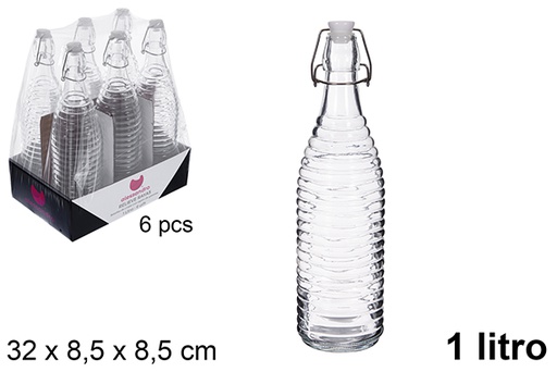[123384] Bottiglia d'acqua in vetro con rilievo a righe e tappo per soda, 1 litro