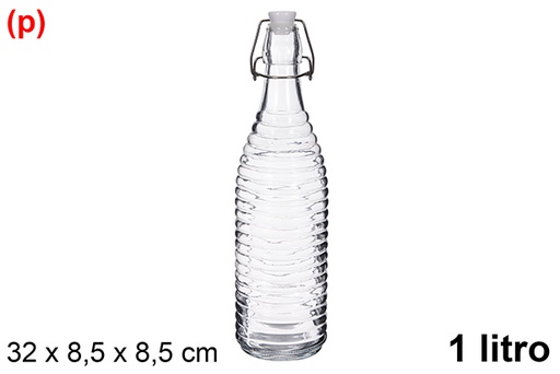 [123384] Bouteille d'eau en verre avec relief rayé et bouchon soda, 1 litre