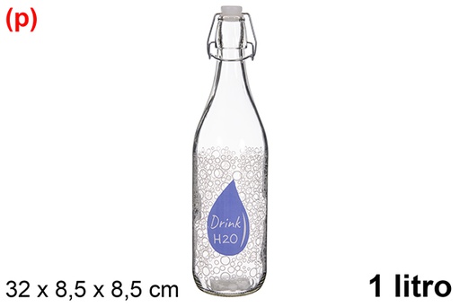 [123385] Glass water bottle decorated with water drop and soda cap, 1 liter