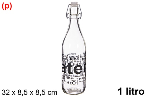 [123386] Bottiglia d'acqua in vetro decorata con lettere e tappo di soda, 1 litro