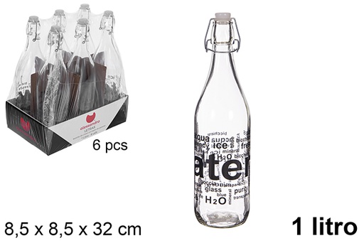 [123386] Bouteille d'eau en verre décorée de lettres et d'un bouchon de soda, 1 litre