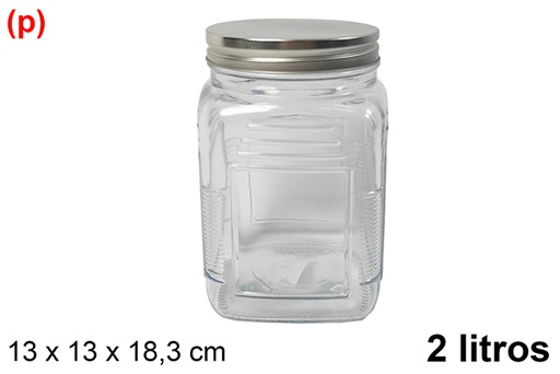 [123424] Bocal carré en verre avec couvercle en métal argenté, 2 litres