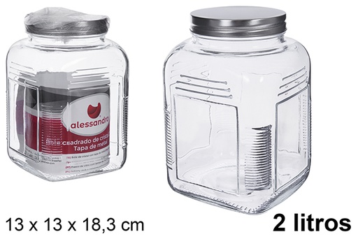 [123424] Square glass jar with silver metal lid 2 liters