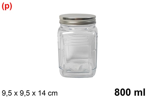 [123427] Square glass jar with silver metal lid 800 ml