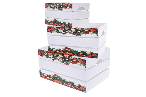 [123489] Juego 3 cajas madera blanca decorada guirnalda Navidad 41x31x22 cm