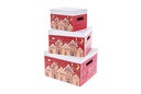 Juego 3 cajas madera roja con tapa decorada casas Navidad 30x25x19 cm