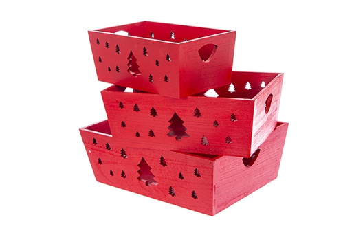 [123494] Set di 3 scatole di legno rosso decorate con un albero di Natale, 35x25x12 cm