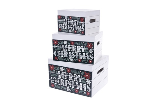 [123497] Set of 3 green wooden boxes with Merry Christmas lids decorated with Christmas decorations, 30x25x19 cm
