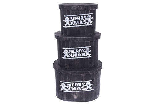 [123500] Lot de 3 boîtes ovales en bois noir avec couvercle MERRY XMAS décorées Noël 36x26x25 cm
