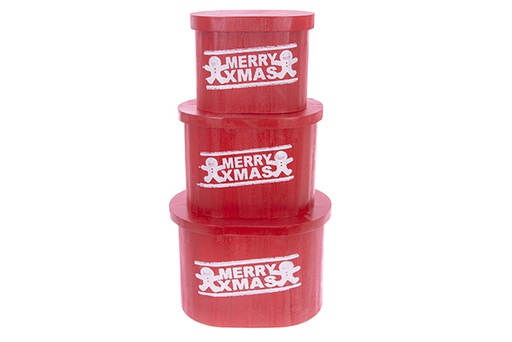 [123501] Set of 3 oval red wooden boxes with lid MERRY XMAS decorated Christmas 36x26x25 cm