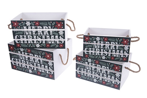 [123502] Set of 4 green wooden boxes Merry Christmas decorated Christmas 40x30x22 cm
