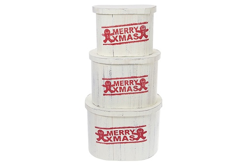 [123503] Set di 3 scatole ovali in legno color vaniglia con coperchio MERRY XMAS decorato con decorazioni natalizie, 36x26x25 cm