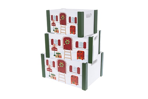 [123504] Set of 3 white wooden boxes POLE NORD decorated for Christmas 36x26x18 cm