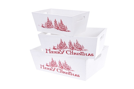 [123506] Set di 3 scatole di legno bianche BUON NATALE decorate natalizie 35x25x12 cm