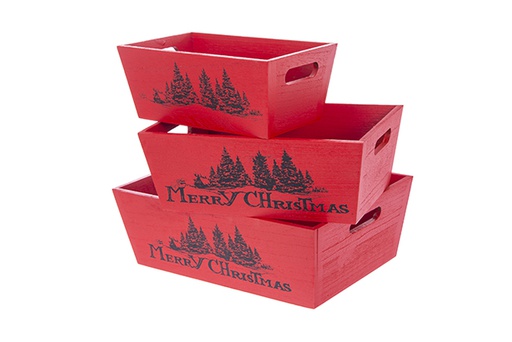 [123509] Juego 3 cajas madera roja MERRY CHRISTMAS decorada Navidad 35x25x12 cm
