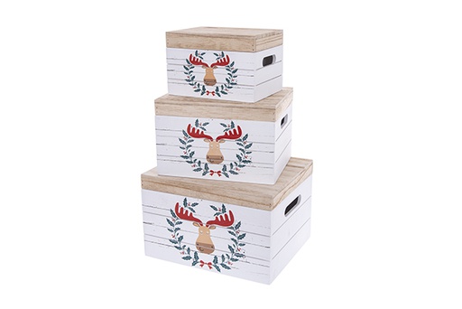 [123511] Lot de 3 boîtes en bois blanches avec couvercle décorées de rennes de Noël 30x25x19 cm