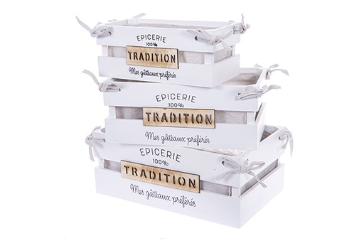 [123513] Lot de 3 boîtes TRADITION en bois blanc garnies de décorations de Noël 37x23x12 cm