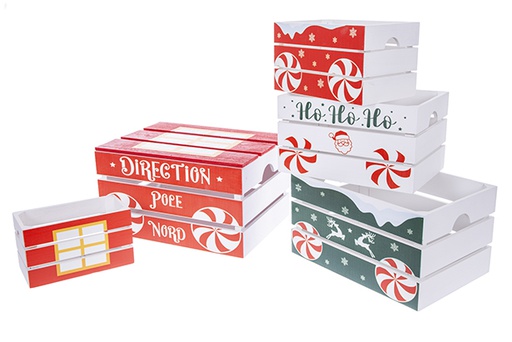 [123517] Set of 5 assorted Christmas decorated wooden boxes 37x27x20 cm