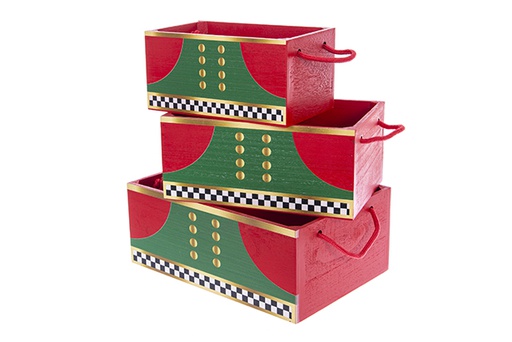 [123519] Set of 3 red wooden boxes decorated with Christmas clothes, 34x24x14 cm