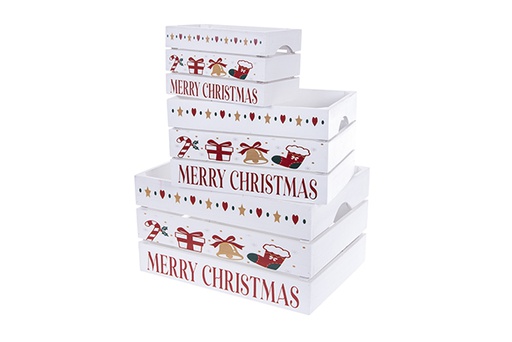 [123520] Juego 3 cajas madera blanca regalo y campana decorada Navidad 37x27x20 cm