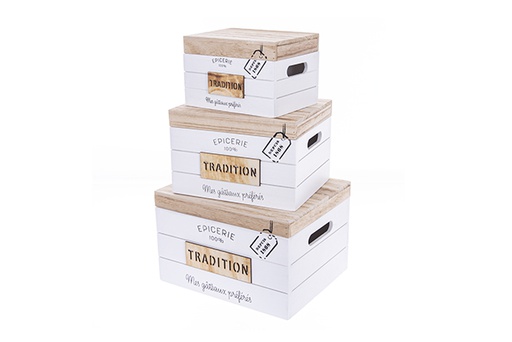 [123522] Set di 3 scatole in legno bianche con coperchio TRADITION decorate Natale 30x25x19 cm