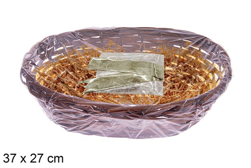 [123670] Cesto oval de mogno com palha e celofane 37x27 cm